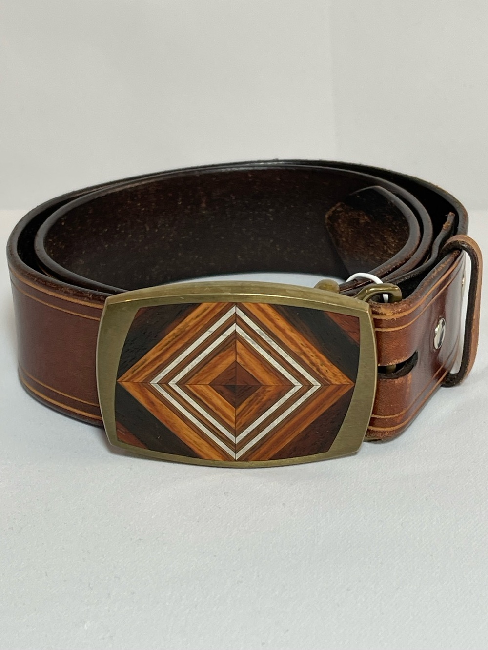 Vintage James Jones Leather Belt Wood Inlay Marquetry Geometric Buckle